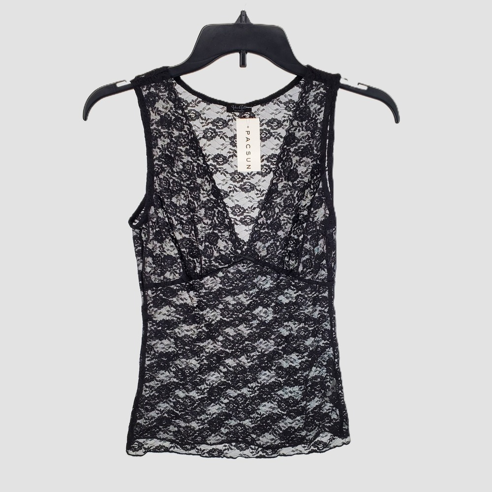 John Galt PacSun Womens One Size Black Floral Lace V-Neck Tank Top Stretch Sheer